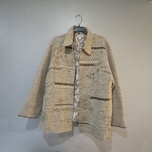 Coldwater Creek  2X Tan Embroidered Mixed Media Open Jacket Linen Blend Western
